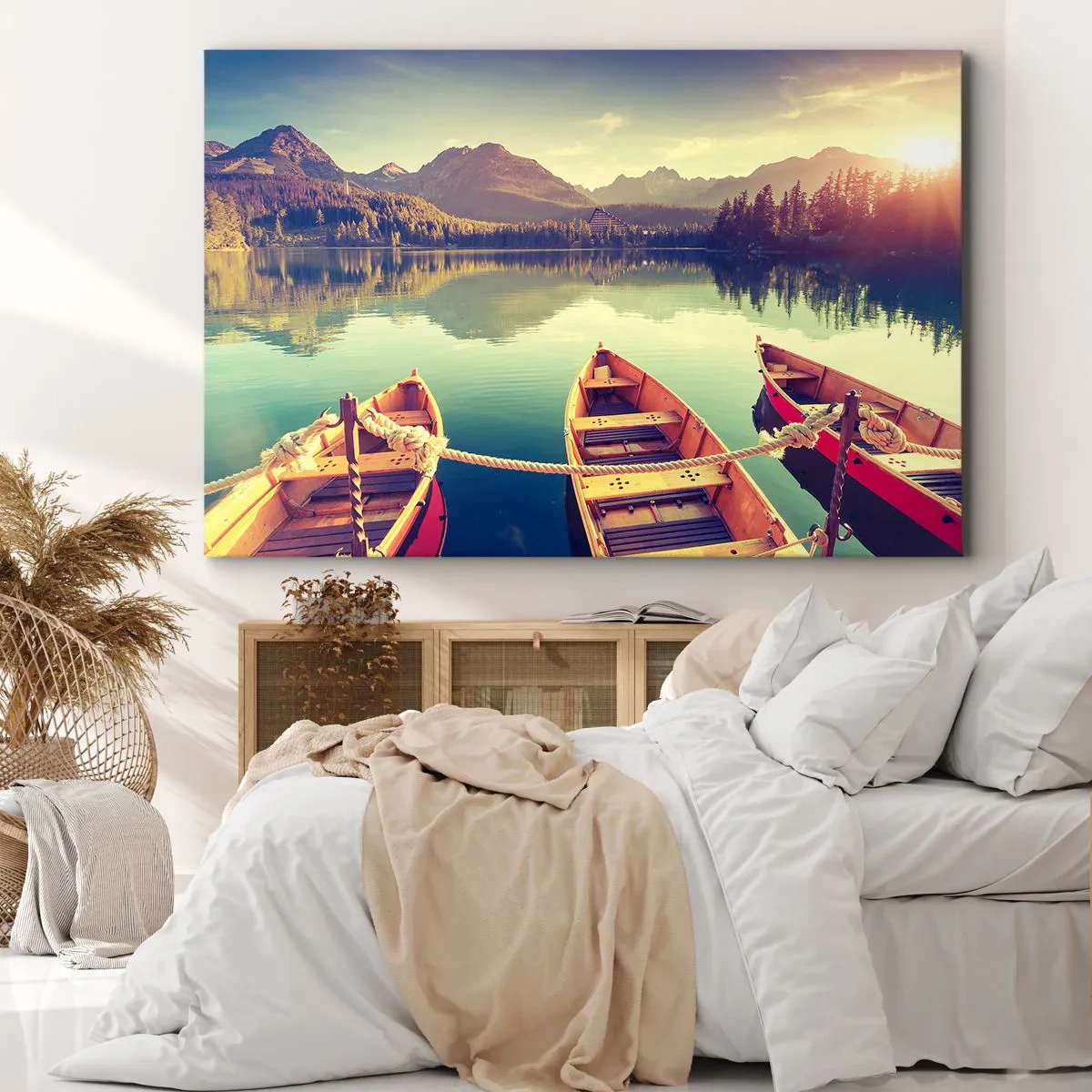 Canvas picture - Boats on a calm lake surrounded by mountains at sunset - 70x50cm - Following Her Rules - Modern wall decoration for the living room and bedroom ARTTOR