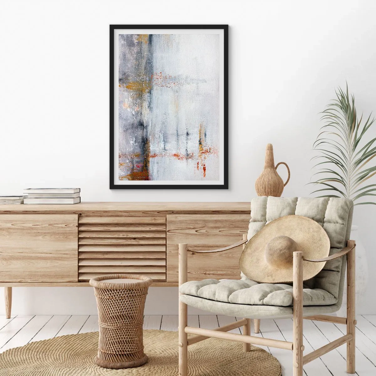 Poster in black frame - An abstract composition with shades of gray, white and gold. - 50x70cm - Behind a Curtain of Air - Modern wall decoration for the living room and bedroom ARTTOR
