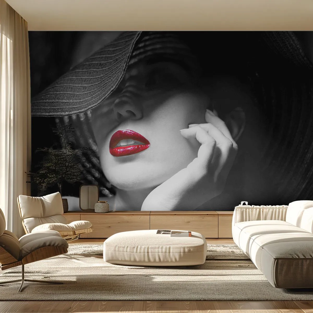 Photo Wallpaper Premium Canvas - Study in Scarlet - Woman, Red lips, Fashion - 150x105 cm