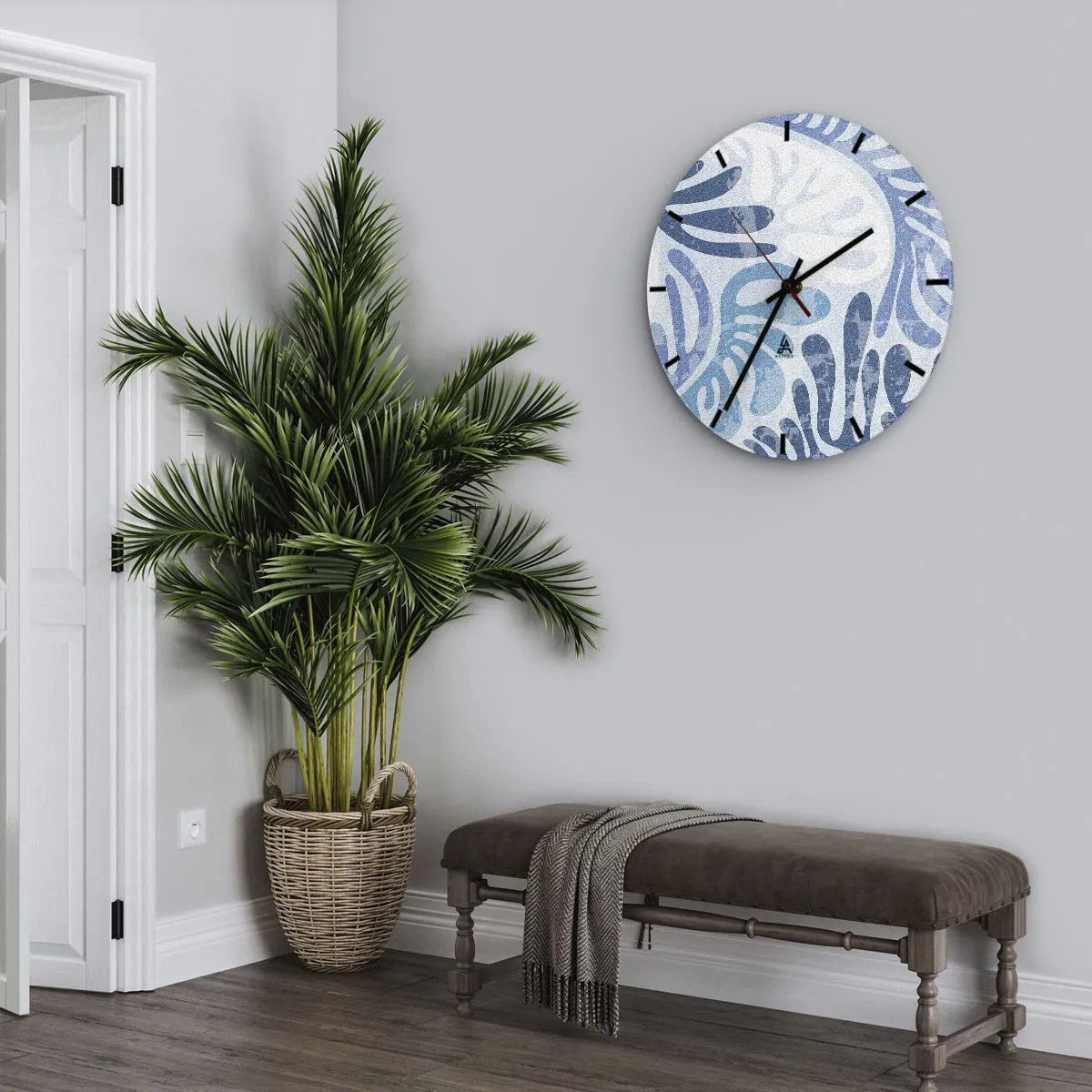 Wall clock - Clock on glass - Organic blue forms on a light background - 30x30cm - Blue Ferns - Modern wall decoration for the living room, kitchen, and bedroom ARTTOR