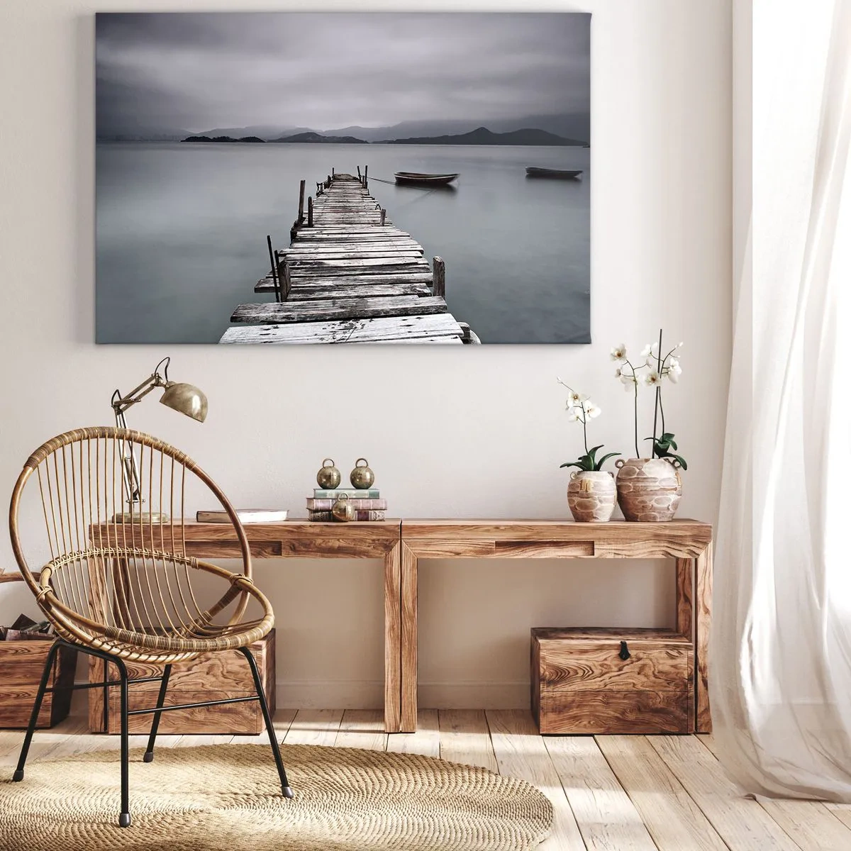 Canvas picture - A wooden bridge leading to the calm surface of the lake - 70x50cm - Tomorrow You Can Go - Modern wall decoration for the living room and bedroom ARTTOR