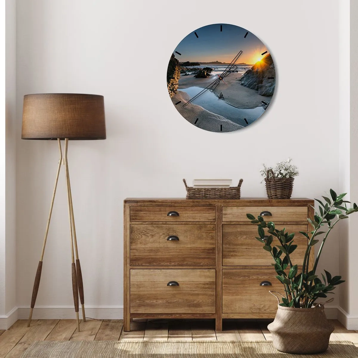 Wall clock - Clock on glass - Sunset over a rocky beach with a wavy sea - 30x30cm - Untouched by Human Hand - Modern wall decoration for the living room, kitchen, and bedroom ARTTOR