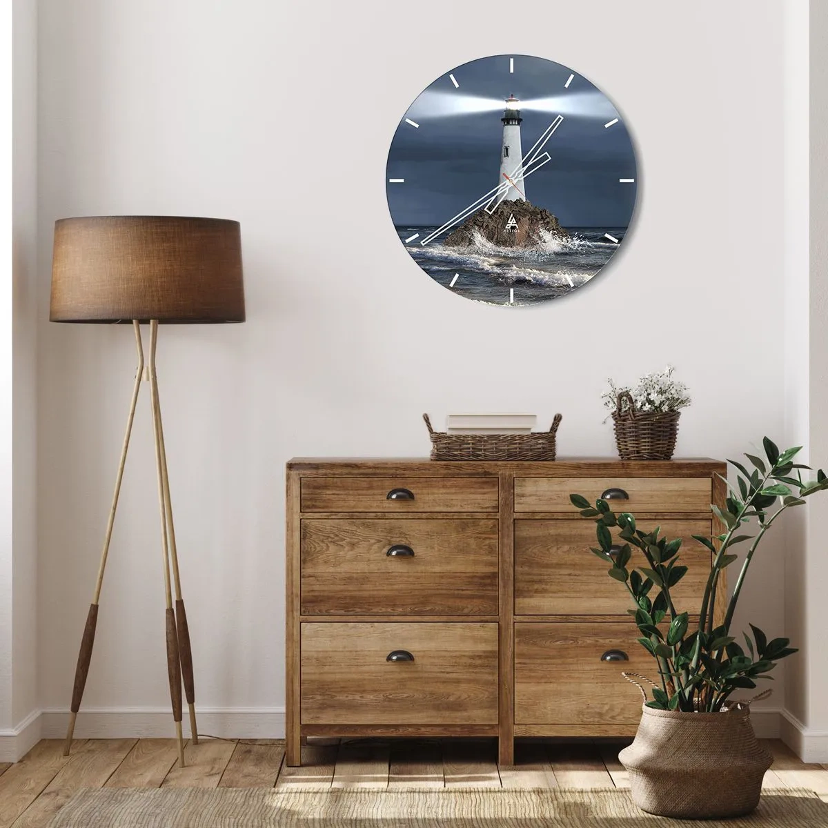 Wall clock - Clock on glass - A lighthouse on a rock surrounded by rough waves - 30x30cm - Here…Here…Here! - Modern wall decoration for the living room, kitchen, and bedroom ARTTOR