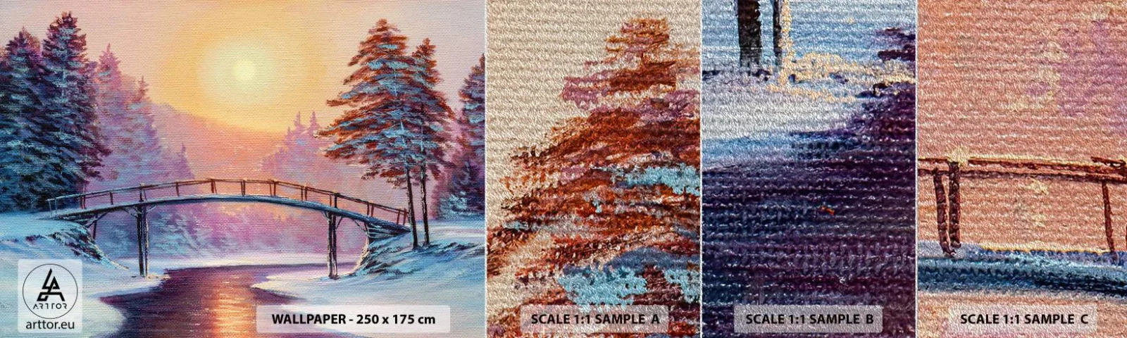 Photo Wallpaper Sample Premium Sand - Four Seasons - Winter - Landscape, River, Bridge - 100x30 cm