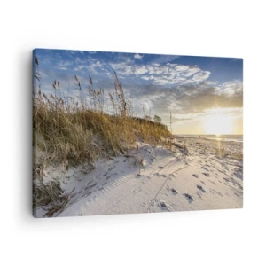 Canvas picture - Dunes with grass and footprints in the sand at sunset - 70x50cm - Invitation to a Walk - Modern wall decoration for the living room and bedroom ARTTOR