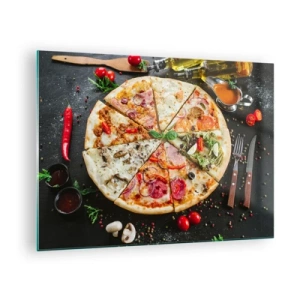 Glass picture - Pizza in various flavors with toppings on a dark background - 70x50cm - Range of Flavours - Modern wall decoration for the living room and bedroom ARTTOR