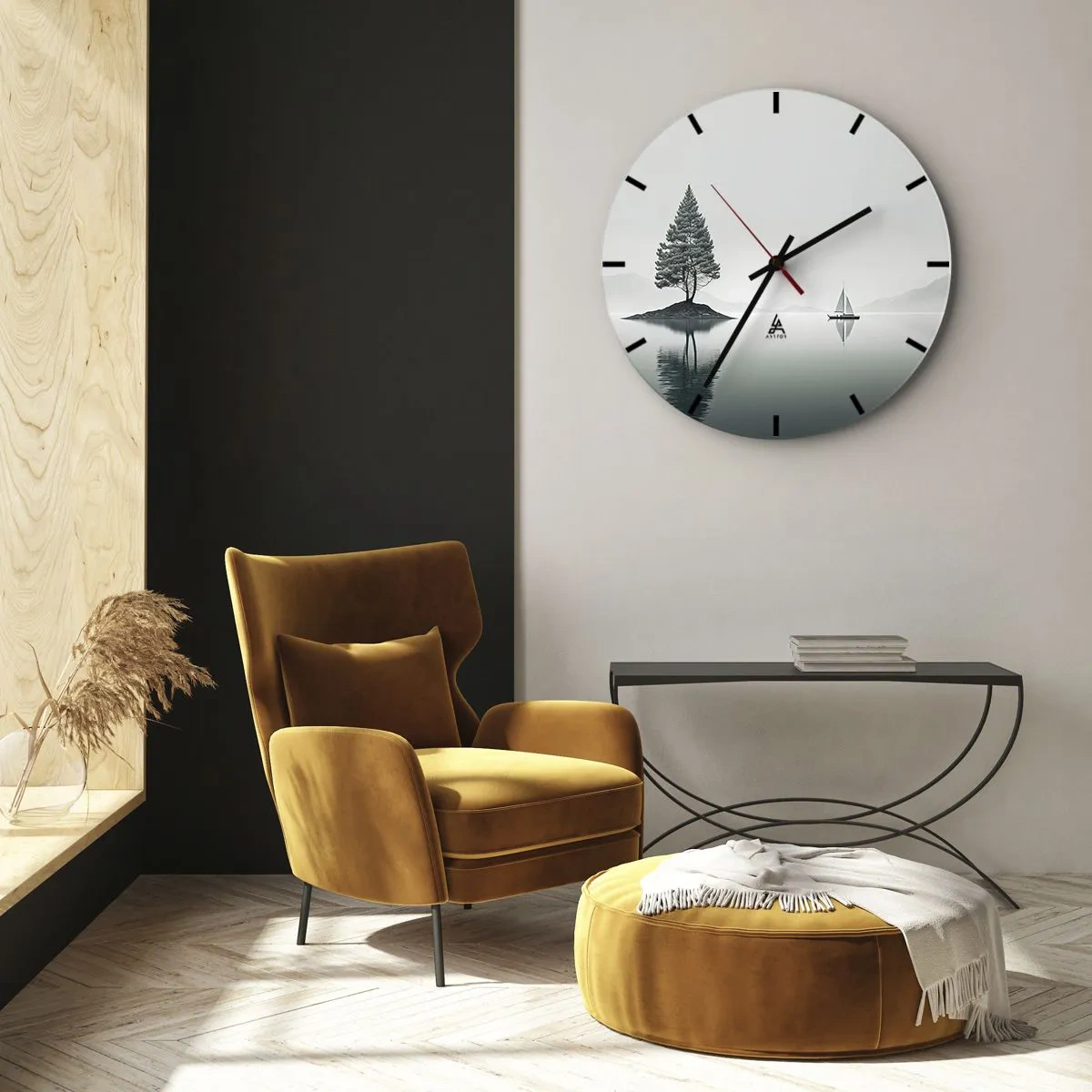 Wall clock - Clock on glass - A minimalist landscape with an island, a tree, and a sailboat on the water. - 30x30cm - Daydreaming - Modern wall decoration for the living room, kitchen, and bedroom ARTTOR