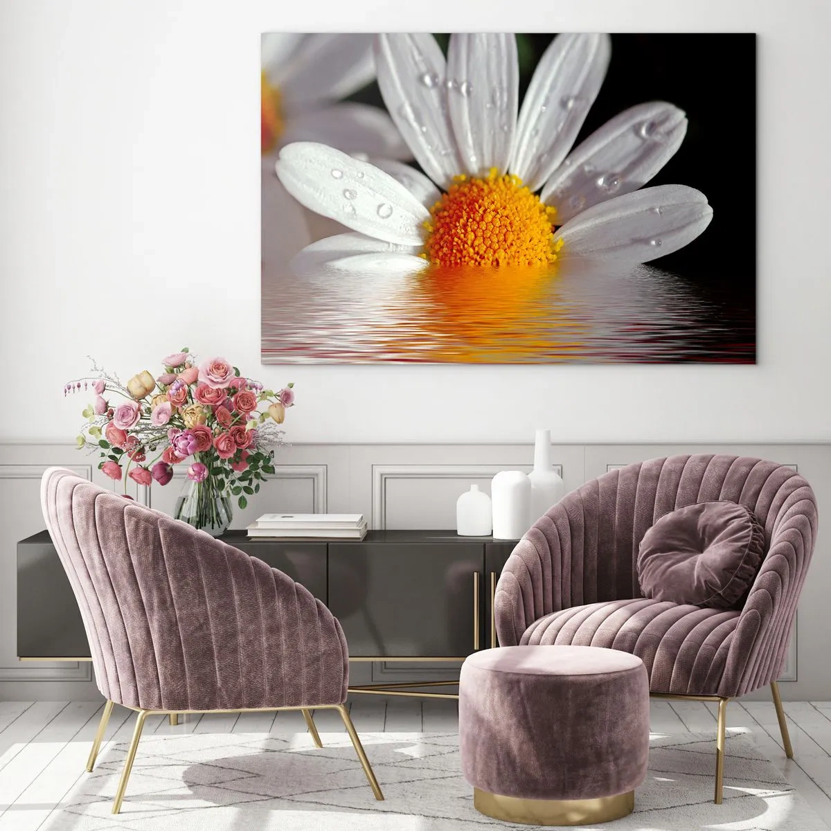 Glass picture - daisy with water drops reflected in the water - 70x50cm - Sunrise of a Daisy - Modern wall decoration for the living room and bedroom ARTTOR