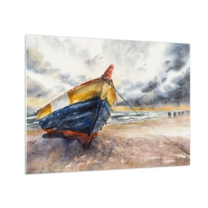Glass picture - A colorful boat on the beach on a cloudy day - 70x50cm - Rest On the Shore - Modern wall decoration for the living room and bedroom ARTTOR