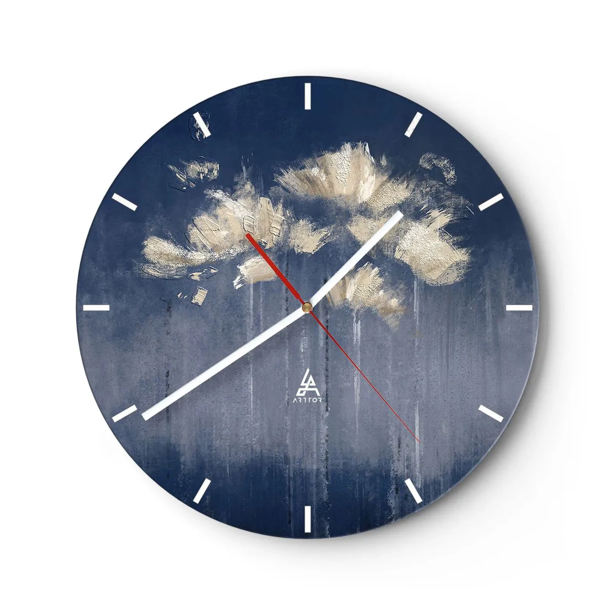 Wall clock - Clock on glass - Golden abstract strokes on a dark blue background - 30x30cm - Like Flakes in the Wind - Modern wall decoration for the living room, kitchen, and bedroom ARTTOR