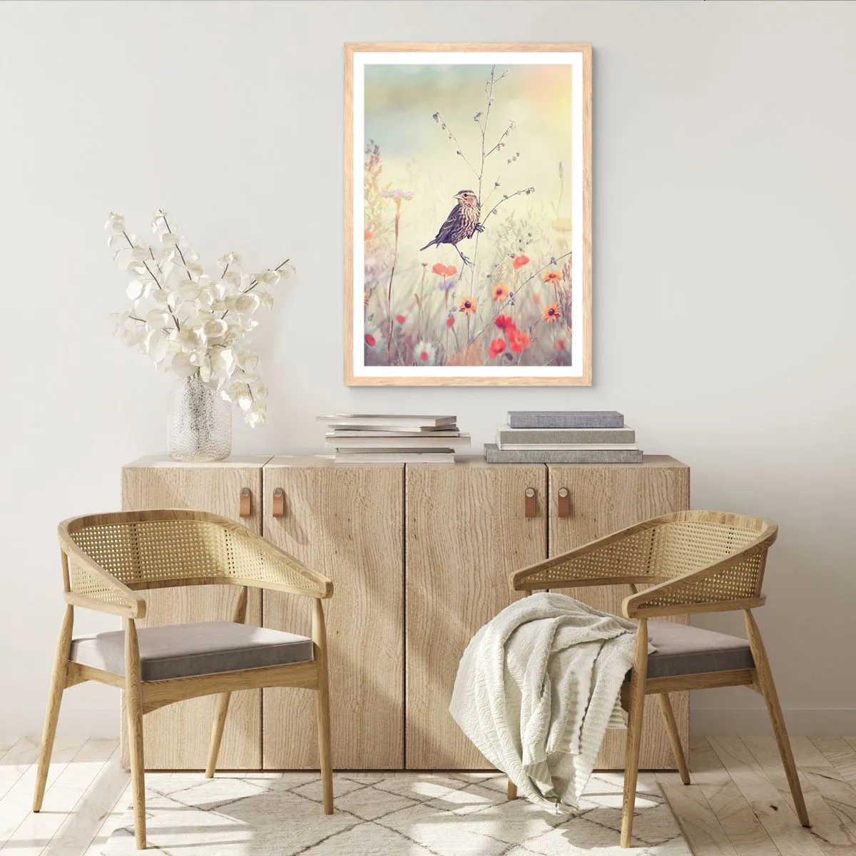 Poster in light oak frame - Bird Portrait with a Meadow in the Background - 40x50 cm