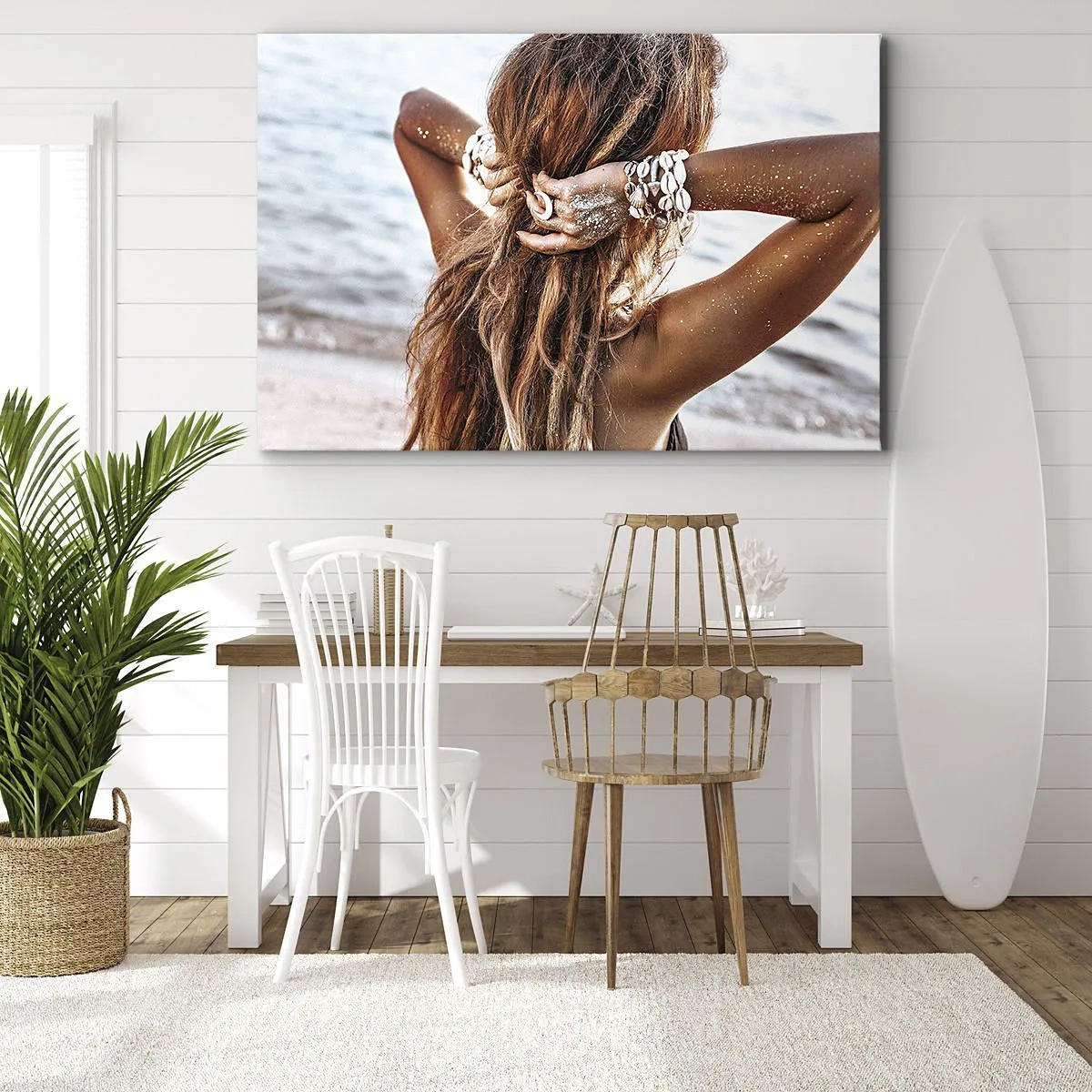 Canvas picture - A woman on the beach with her hair blowing in the sun - 70x50cm - Sister of Water and Sun - Modern wall decoration for the living room and bedroom ARTTOR