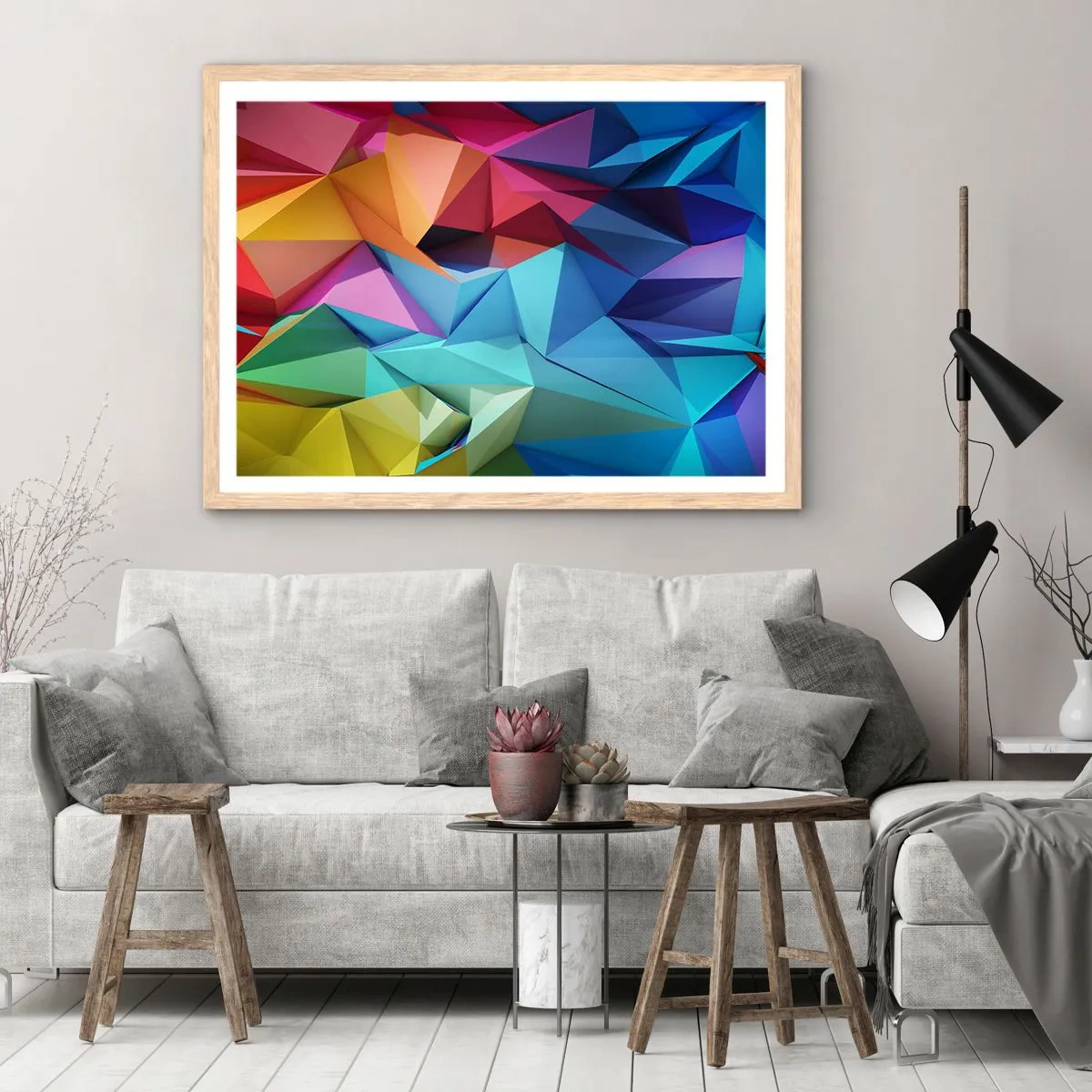Poster in light oak frame - Rainbow Origami - 70x50 cm