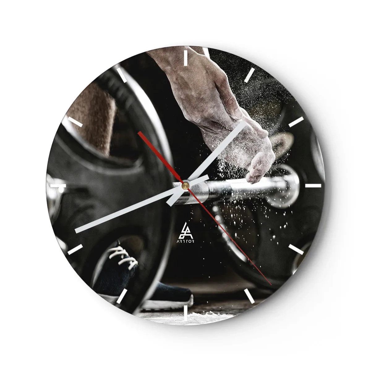 Wall clock - Clock on glass - Dumbbell and hand during training - 30x30cm - Challenge Accepted! - Modern wall decoration for the living room, kitchen, and bedroom ARTTOR