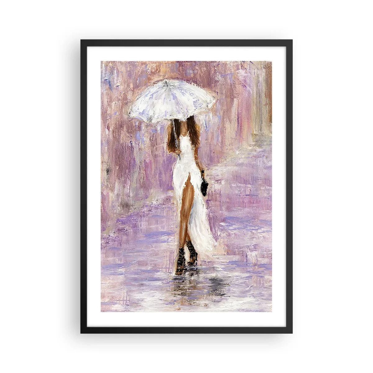 Poster in black frame - Woman with an umbrella in the rain - 50x70cm - In Liliac Rain - Modern wall decoration for the living room and bedroom ARTTOR
