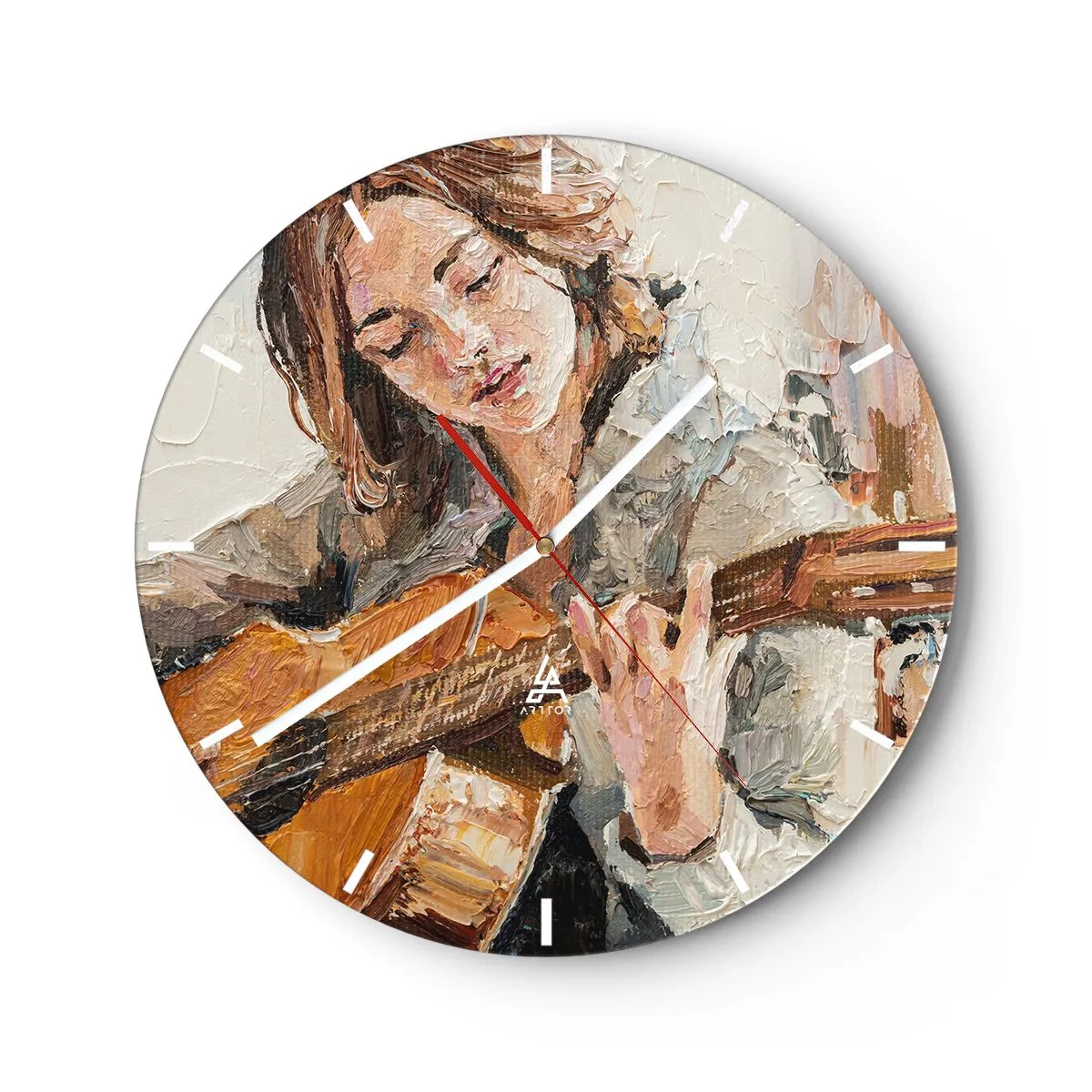 Wall clock - Clock on glass - Portrait of a woman playing the guitar in a painterly style - 30x30cm - Concert for Guitar and Girly Heart - Modern wall decoration for the living room, kitchen, and bedroom ARTTOR