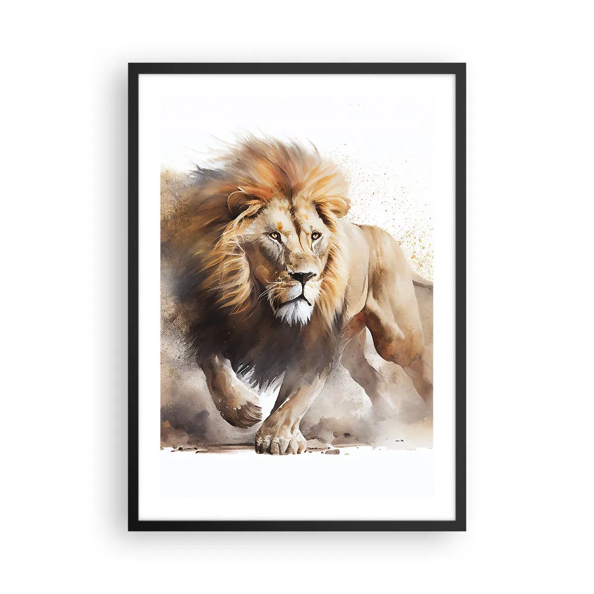 Poster in black frame - A stately lion in motion in a painterly style - 50x70cm - King is on the Move - Modern wall decoration for the living room and bedroom ARTTOR