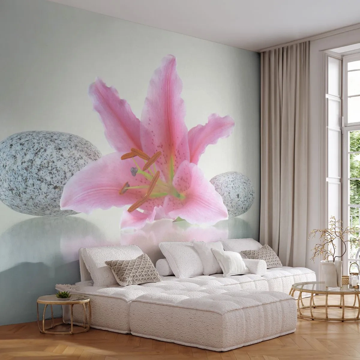 Custom Wallpaper Premium Sand - Study in Pink, Grey and White - Flowers, Lily, Stones