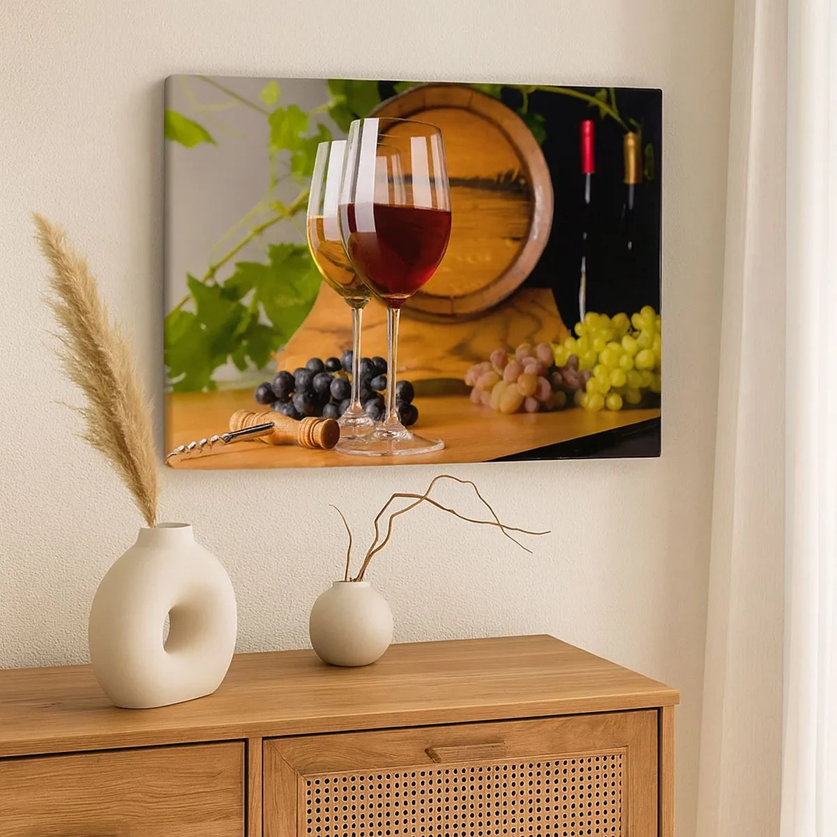 Canvas picture - Glasses of wine with grapes, a barrel and bottles on a wooden table - 70x50cm - Like at Old Masters - Modern wall decoration for the living room and bedroom ARTTOR