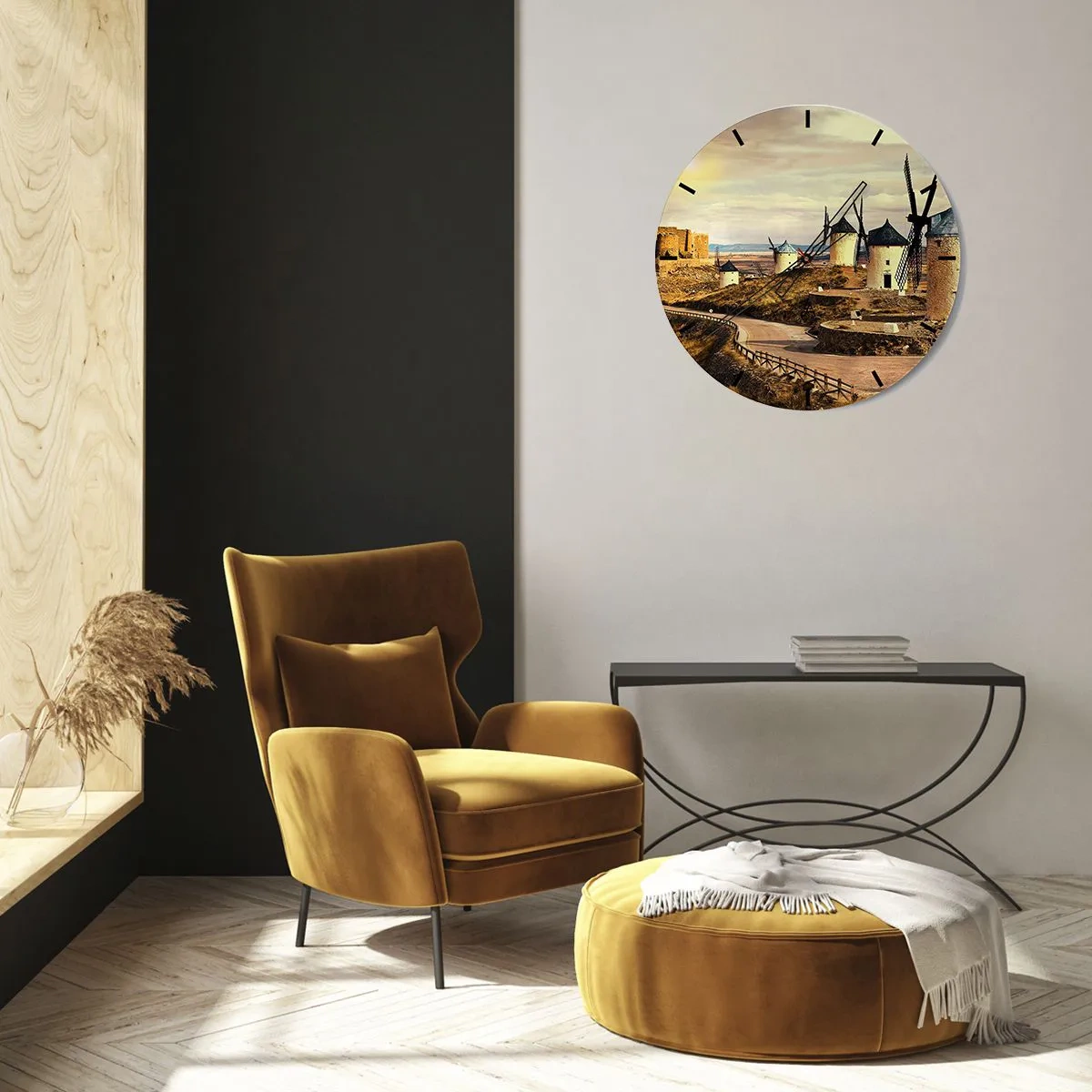 Wall clock - Clock on glass - Windmills on the hills of La Mancha - 30x30cm - Don Quixote Is Coming - Modern wall decoration for the living room, kitchen, and bedroom ARTTOR