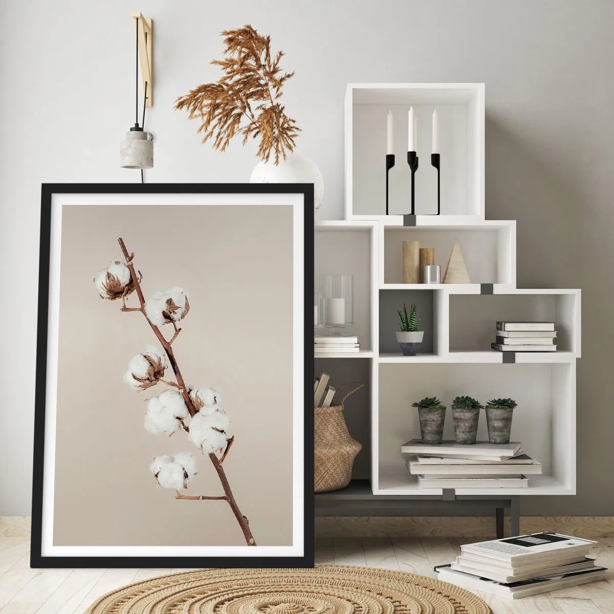 Poster in black frame - A sprig of cotton on a beige background, in a minimalist style - 50x70cm - At the Heart of Softness - Modern wall decoration for the living room and bedroom ARTTOR