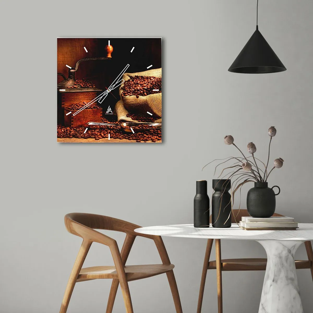 Wall clock - Clock on glass - Still Life with Coffee Grains and a Grinder - 40x40 cm