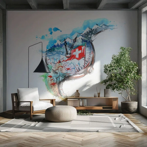 Photo Wallpaper Premium Canvas - Spirit of Switzerland - Abstraction, Swiss Watch, Alps - 400x280 cm