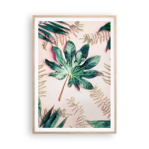 Poster in light oak frame - Study in Green on Pink Background - 70x100 cm