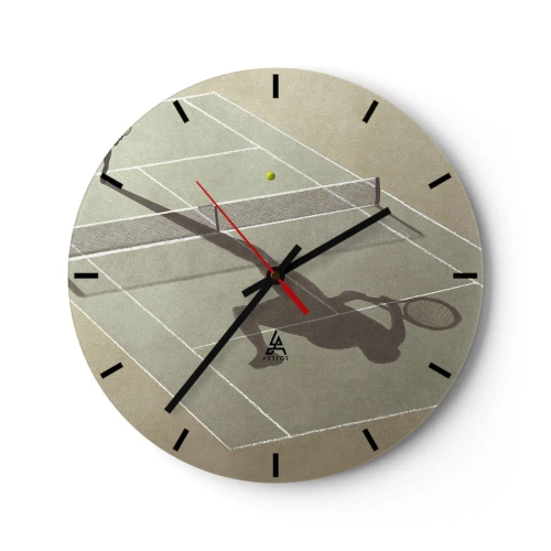 Wall clock - Clock on glass - A minimalist silhouette of a tennis player on the court - 30x30cm - Overcoming Yourself - Modern wall decoration for the living room, kitchen, and bedroom ARTTOR