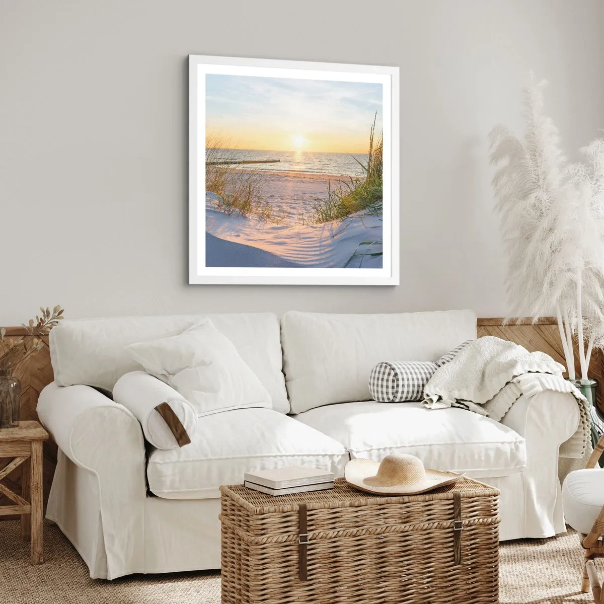 Poster in white frmae - Sound of the Sea, Singing of the Birds, Wild Beach among Grass - 50x50 cm