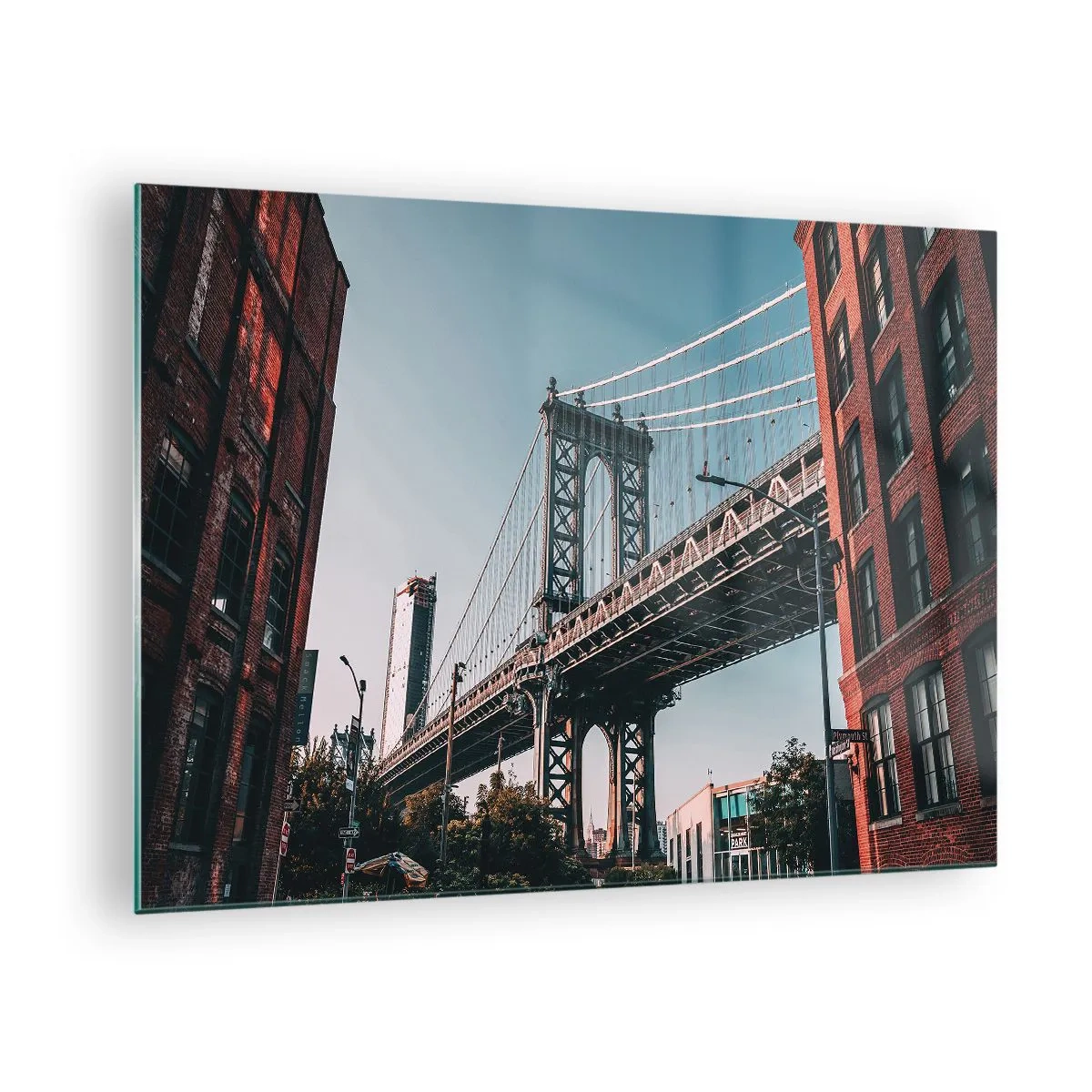 Glass picture - A suspension bridge between brick buildings in an urban setting - 70x50cm - Over the City Waves - Modern wall decoration for the living room and bedroom ARTTOR