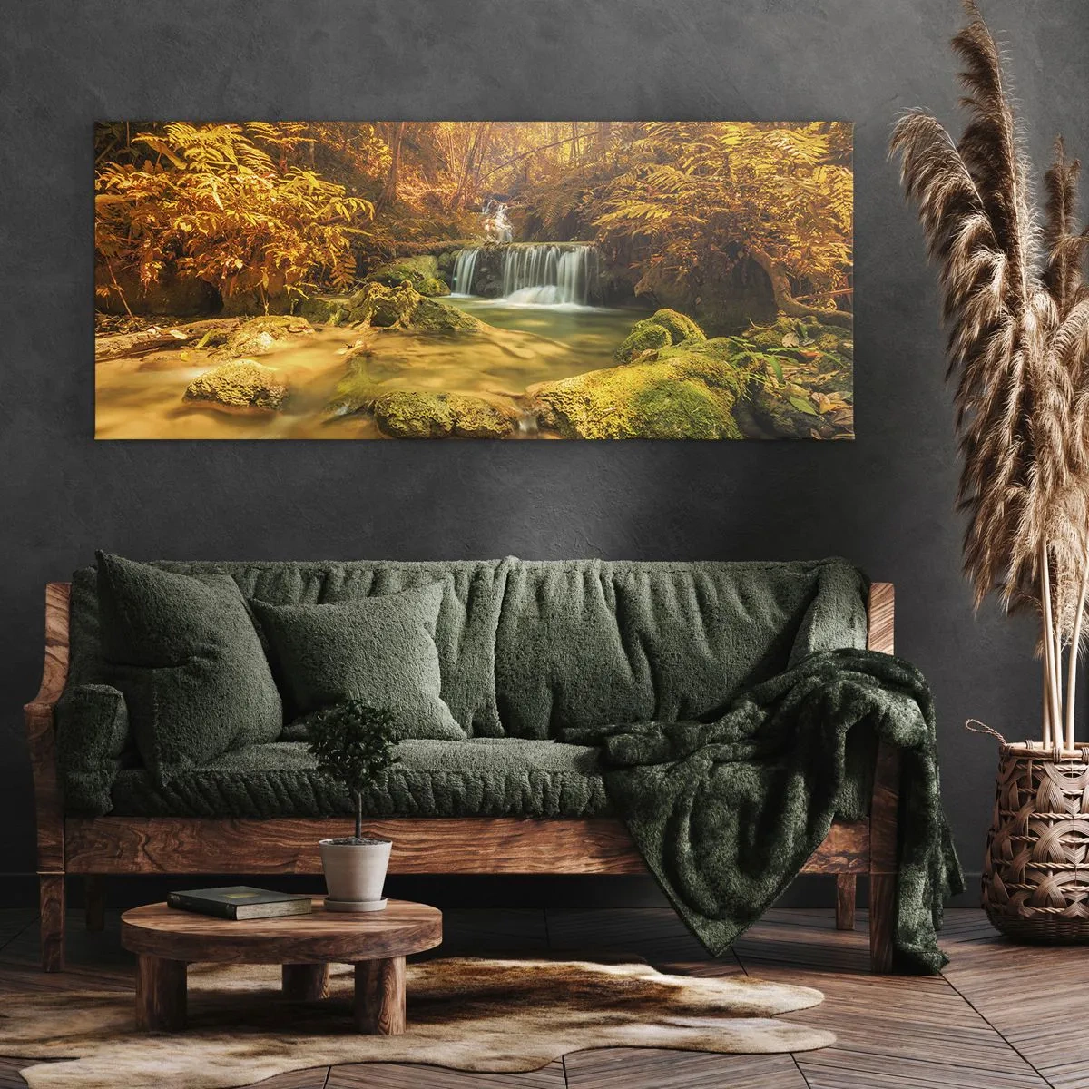 Canvas picture - Forest Cascade in Gold - 140x50 cm
