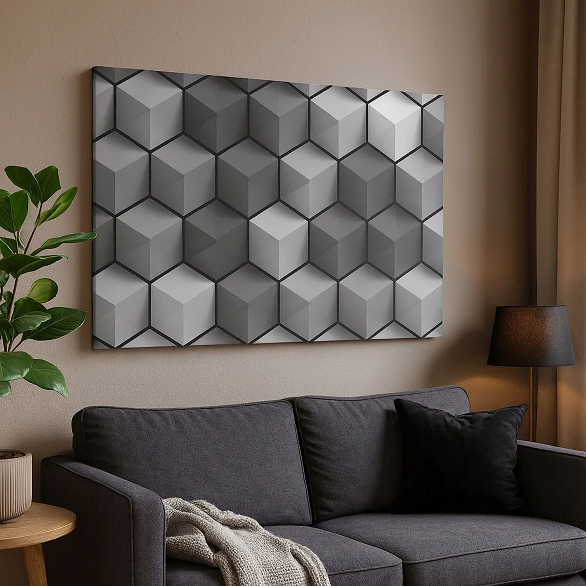 Canvas picture - Geometric composition of cubes in shades of gray and black - 70x50cm - Cubist Jigsaw - Modern wall decoration for the living room and bedroom ARTTOR