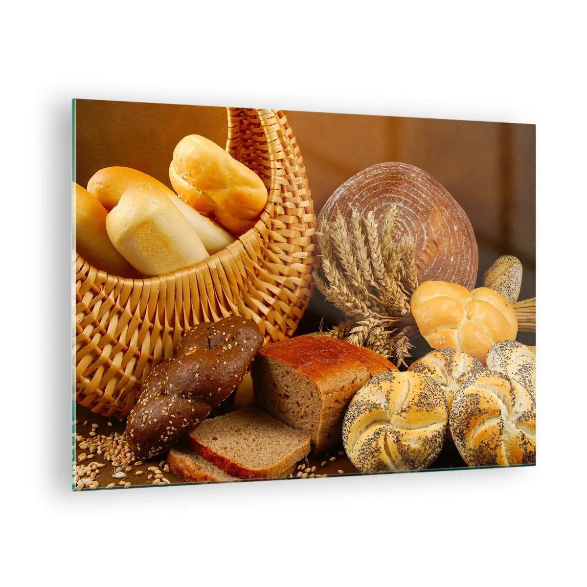 Glass picture - A basket of bread and loaves against the background of ears of grain - 70x50cm - We've Baked It! - Modern wall decoration for the living room and bedroom ARTTOR