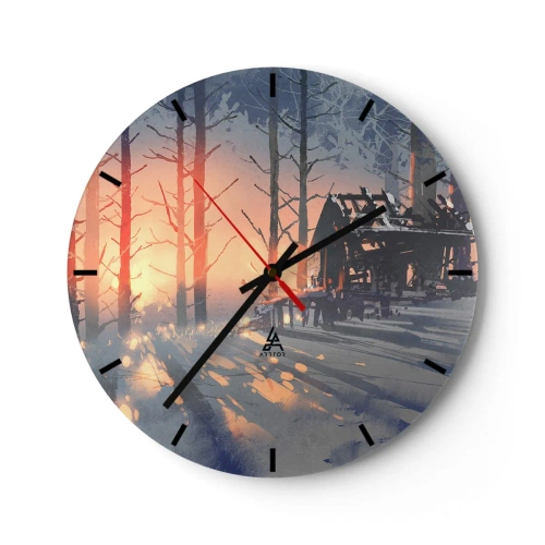 Wall clock - Clock on glass - A cabin in the forest illuminated by the rays of the setting sun - 30x30cm - Only the Sun Drops by - Modern wall decoration for the living room, kitchen, and bedroom ARTTOR