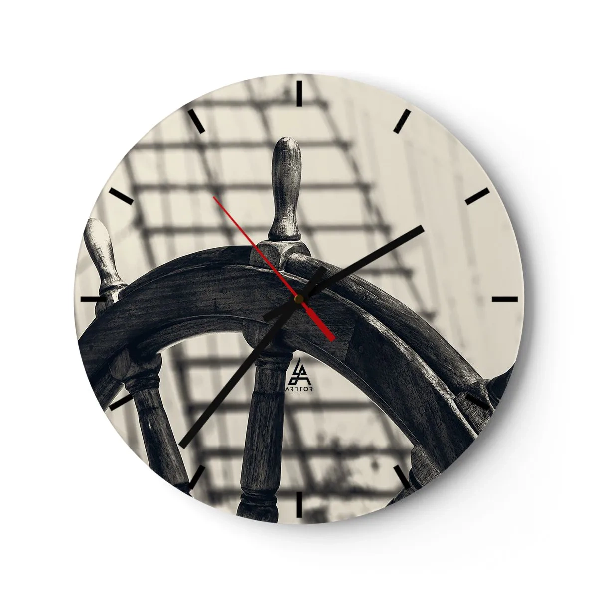Wall clock - Clock on glass - A ship's rudder in sepia with sails in the background - 30x30cm - Sea Tales - Modern wall decoration for the living room, kitchen, and bedroom ARTTOR