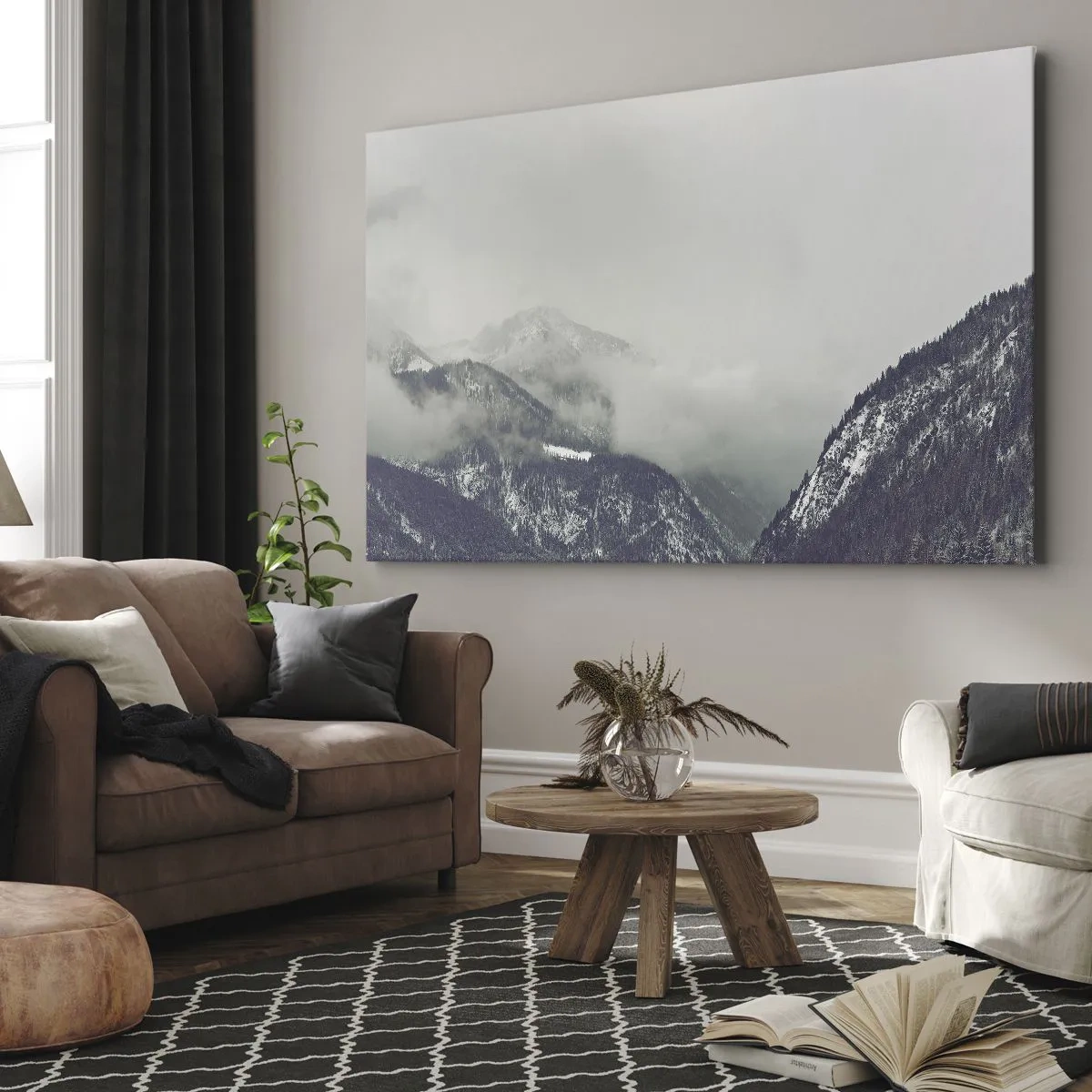 Canvas picture - A mountain valley shrouded in mist in shades of gray - 70x50cm - Foggy valley - Modern wall decoration for the living room and bedroom ARTTOR