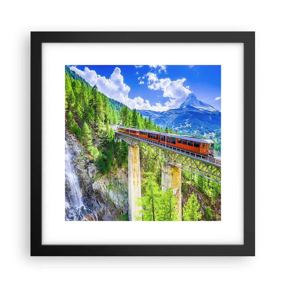 Poster in black frame - Train Through the Alps - 30x30 cm