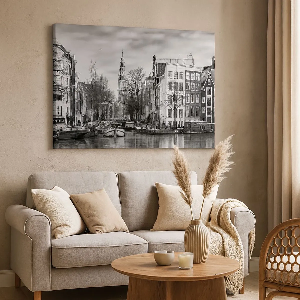 Canvas picture - Black and white panorama of Amsterdam with canal and historic buildings - 70x50cm - Amsterdam Atmosphere - Modern wall decoration for the living room and bedroom ARTTOR