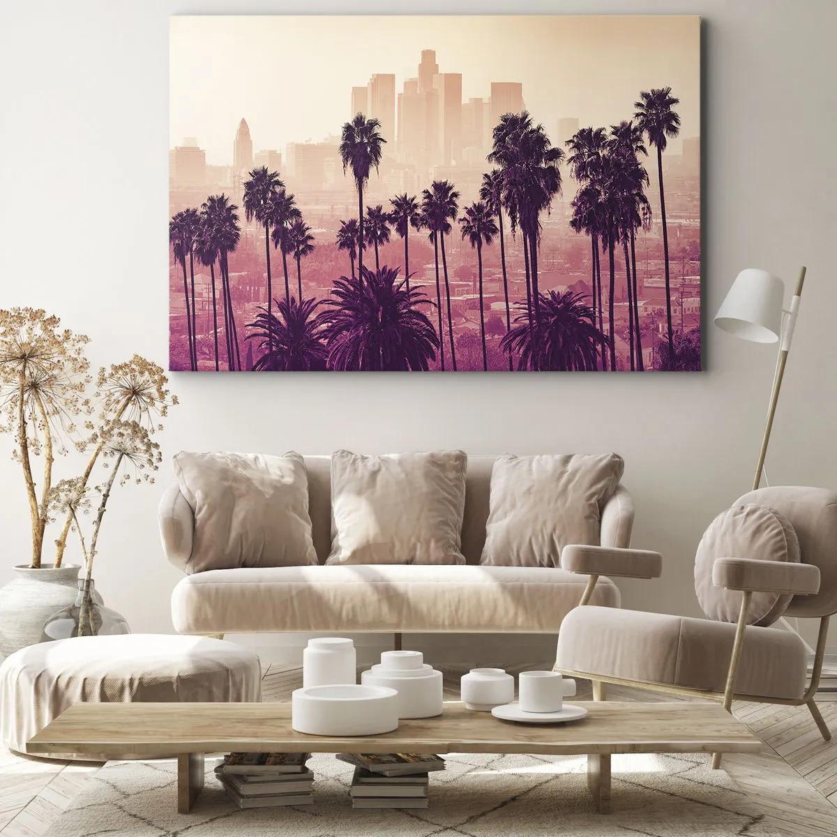 Canvas picture - Palm trees against the backdrop of an urban landscape in warm colors - 70x50cm - Californian Landscape - Modern wall decoration for the living room and bedroom ARTTOR