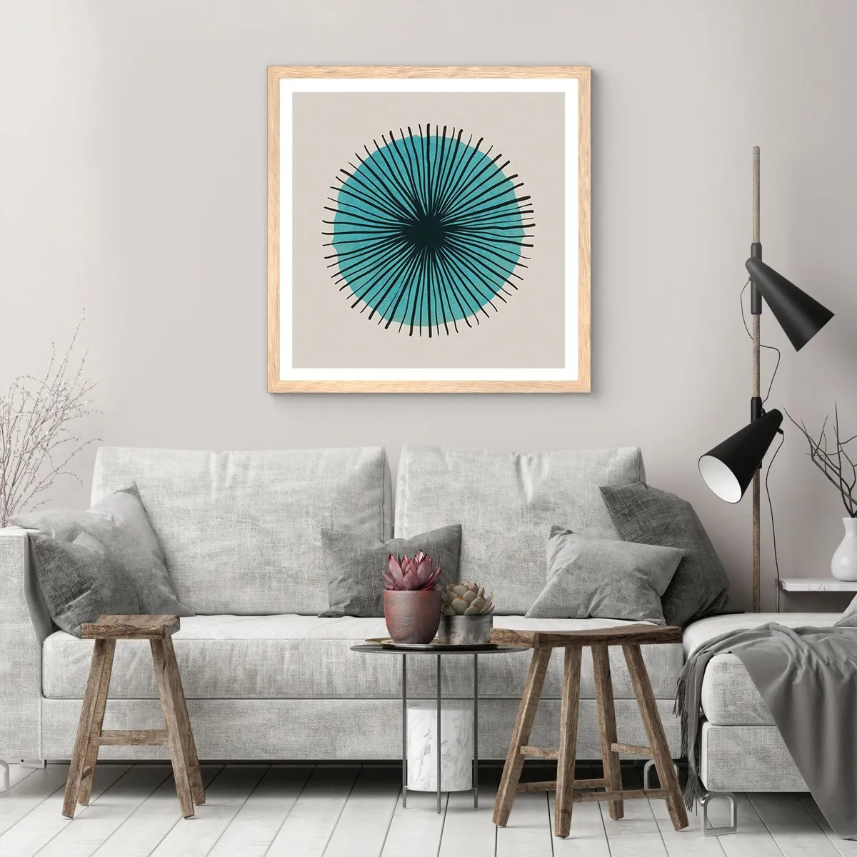 Poster in light oak frame - Rays on Blue - 40x40 cm