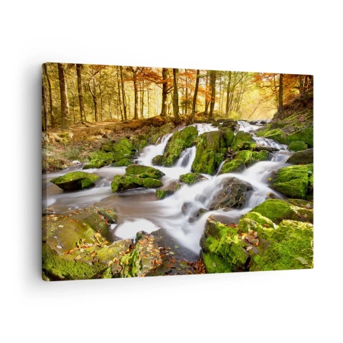 Canvas picture - A wooded landscape with a waterfall surrounded by moss - 70x50cm - Gingerly through an Autumnal Forest - Modern wall decoration for the living room and bedroom ARTTOR