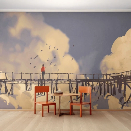 Photo Wallpaper Premium Canvas - Blue Longing - Abstraction, Bridge, Clouds - 400x280 cm