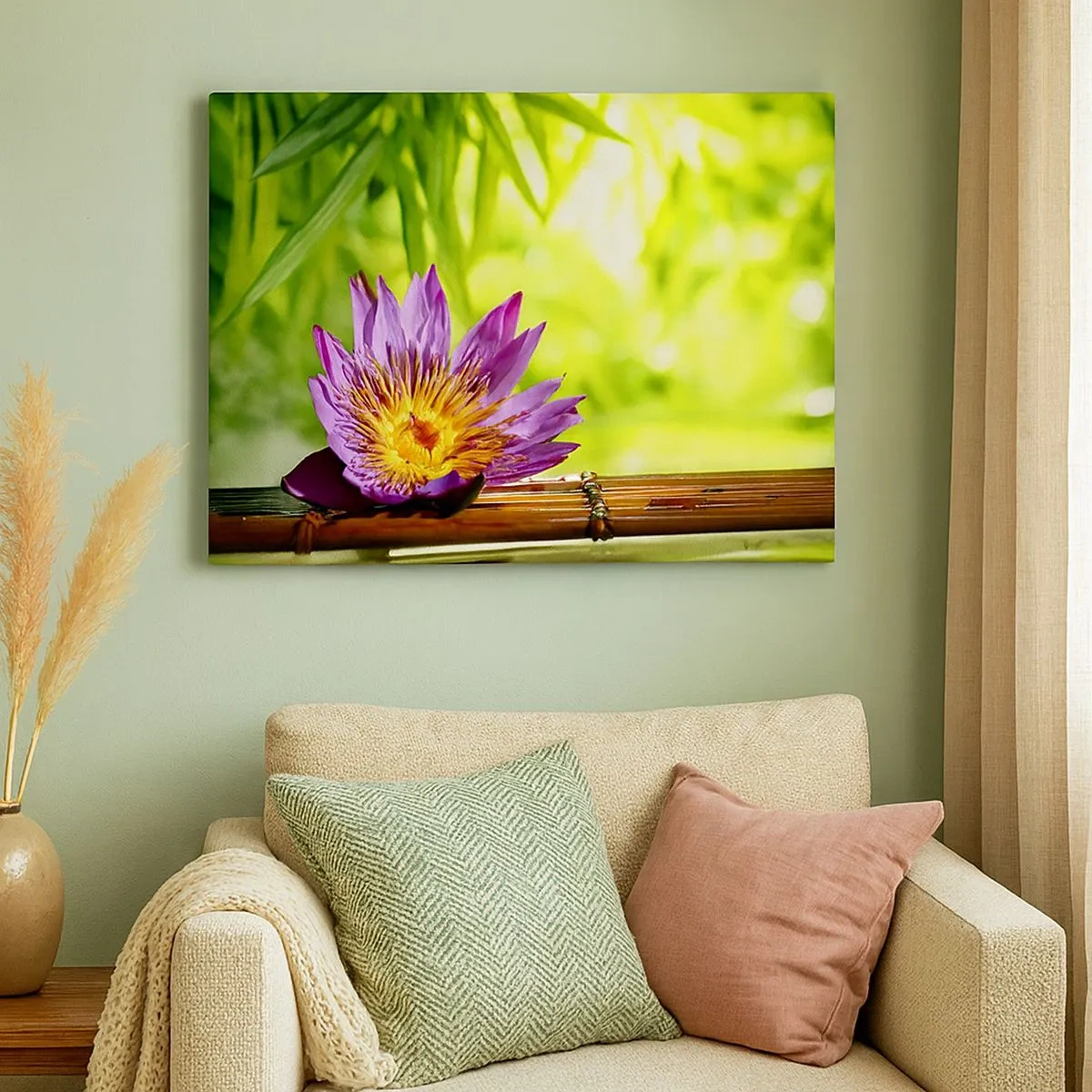 Canvas picture - Purple lotus flower against a background of green bamboo leaves - 70x50cm - In the Asian Sun - Modern wall decoration for the living room and bedroom ARTTOR