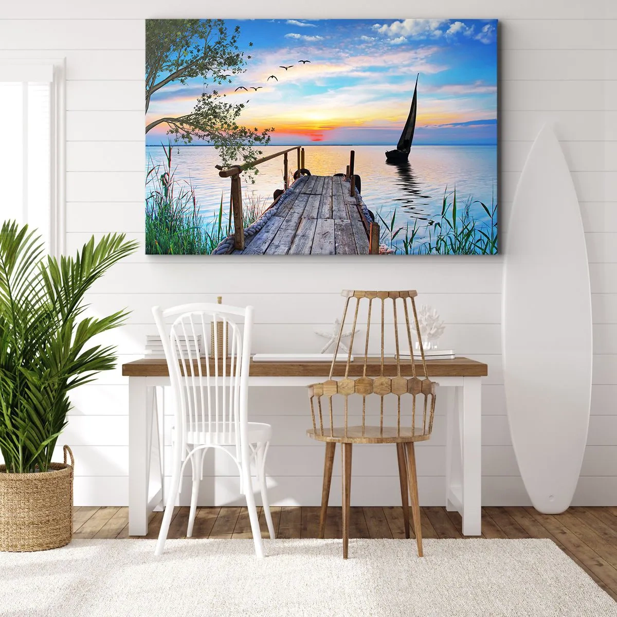 Canvas picture - Lake pier with boat and sunset - 70x50cm - Good Evening - Modern wall decoration for the living room and bedroom ARTTOR