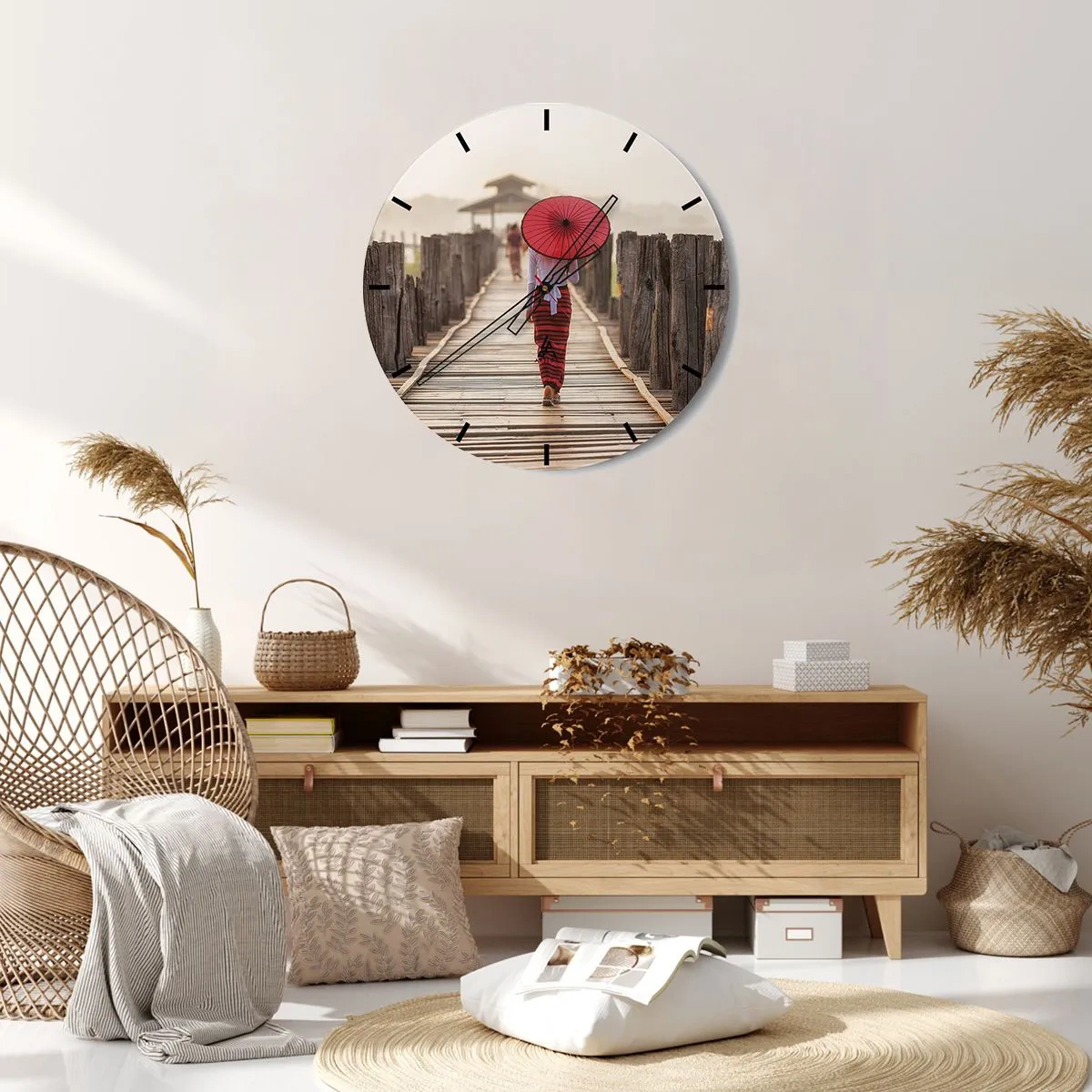 Wall clock - Clock on glass - A woman with a red umbrella on a wooden bridge - 30x30cm - On an Old Bridge - Modern wall decoration for the living room, kitchen, and bedroom ARTTOR