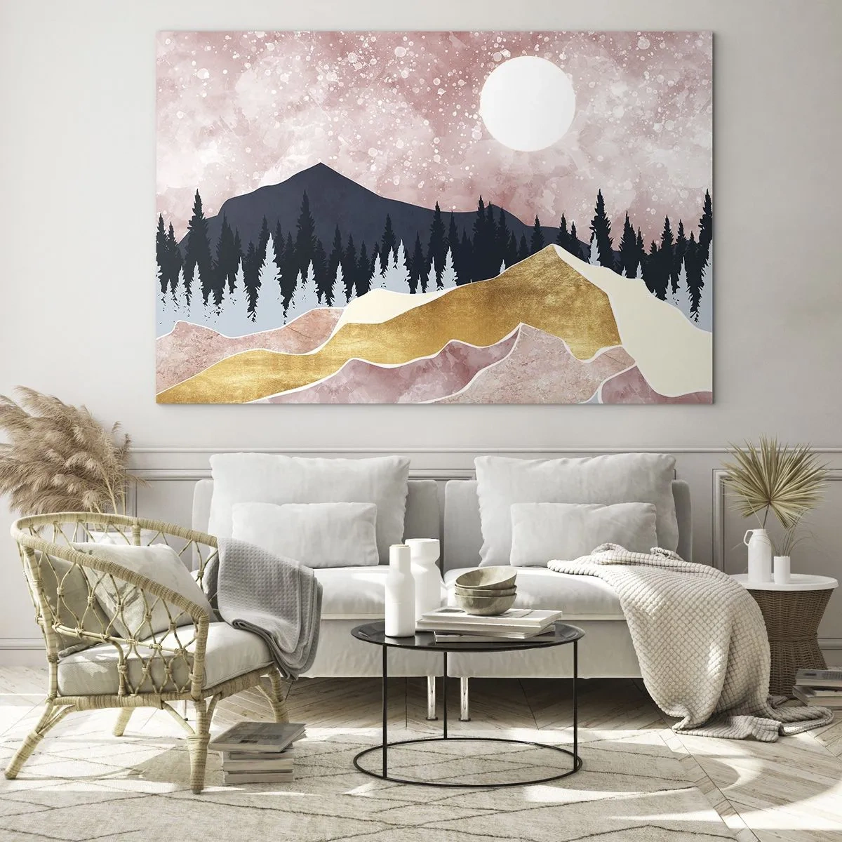 Glass picture - Mountains and forest in the moonlight against a pink sky - 70x50cm - Night Guard - Modern wall decoration for the living room and bedroom ARTTOR