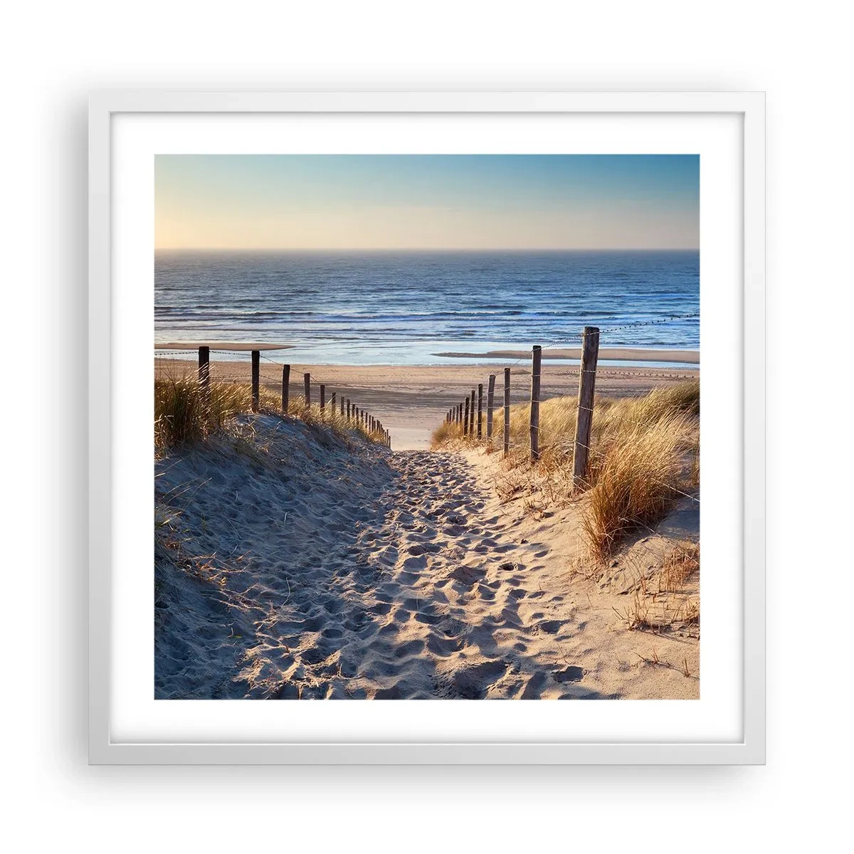 Poster in white frmae - Sound of the Sea, Singing of the Birds, Wild Beach among Grass - 50x50 cm