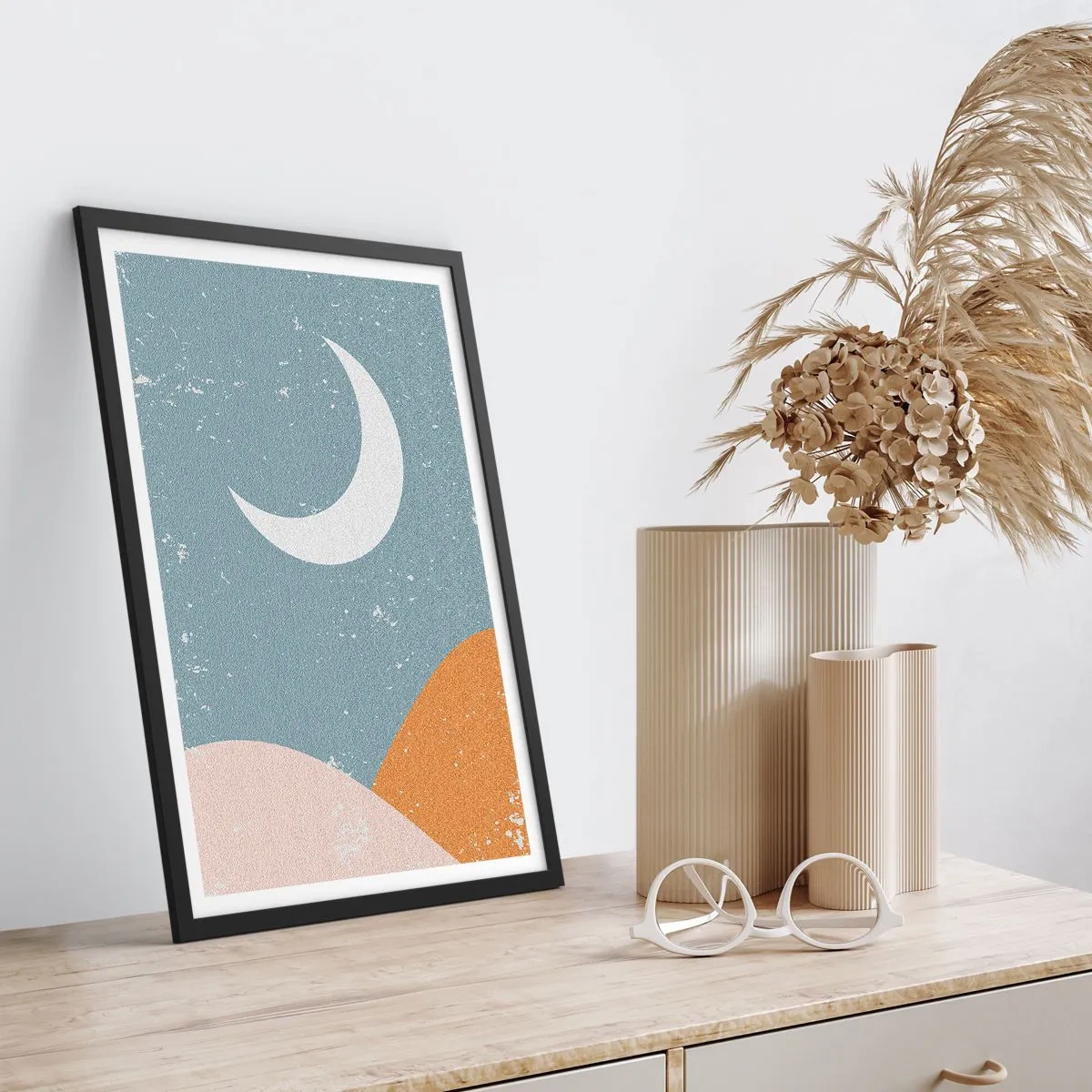 Poster in black frame - A minimalist moon over an abstract landscape. - 50x70cm - Wonder of Many Nights - Modern wall decoration for the living room and bedroom ARTTOR