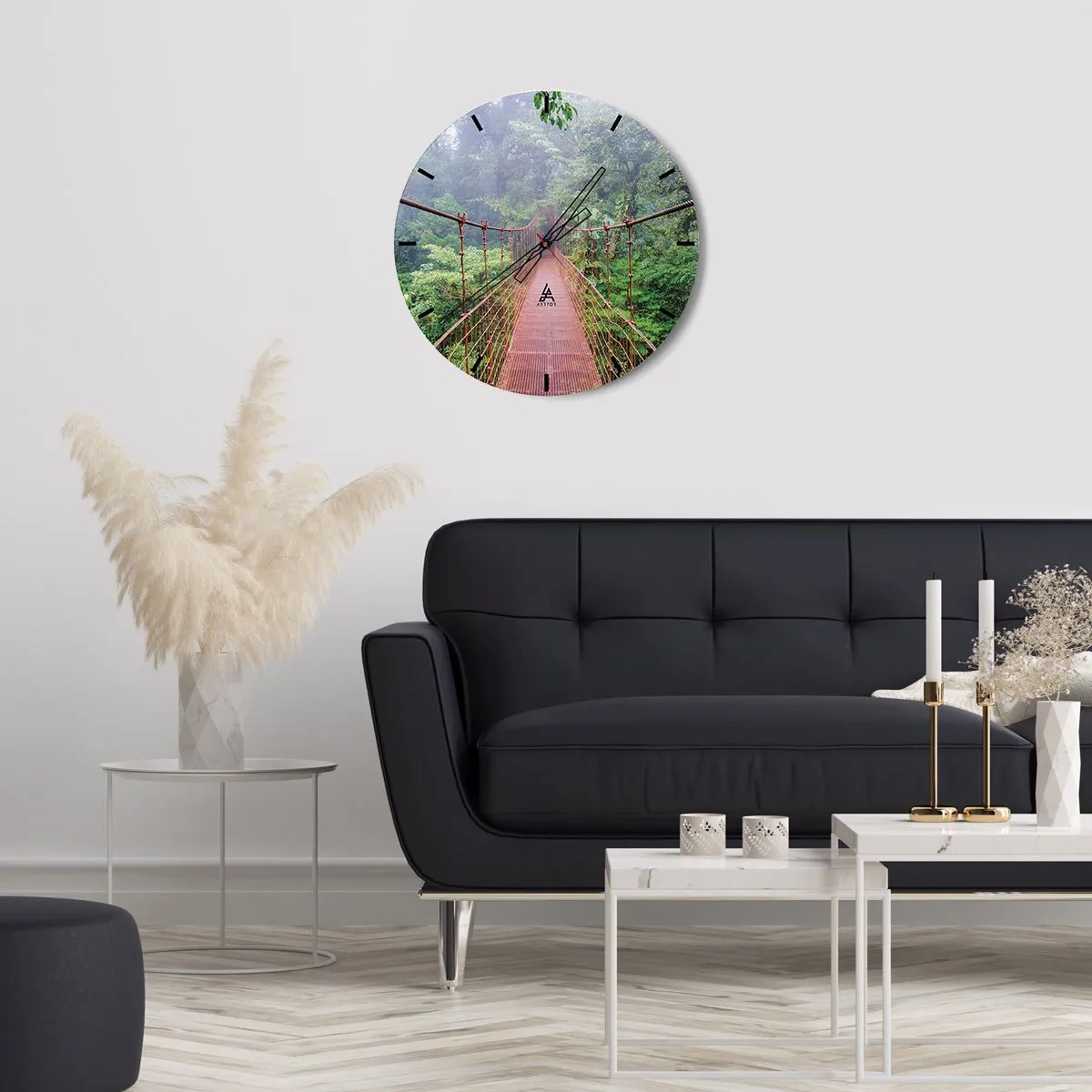 Wall clock - Clock on glass - A red suspension bridge in the middle of a tropical jungle - 30x30cm - Suspended above Crowns - Modern wall decoration for the living room, kitchen, and bedroom ARTTOR